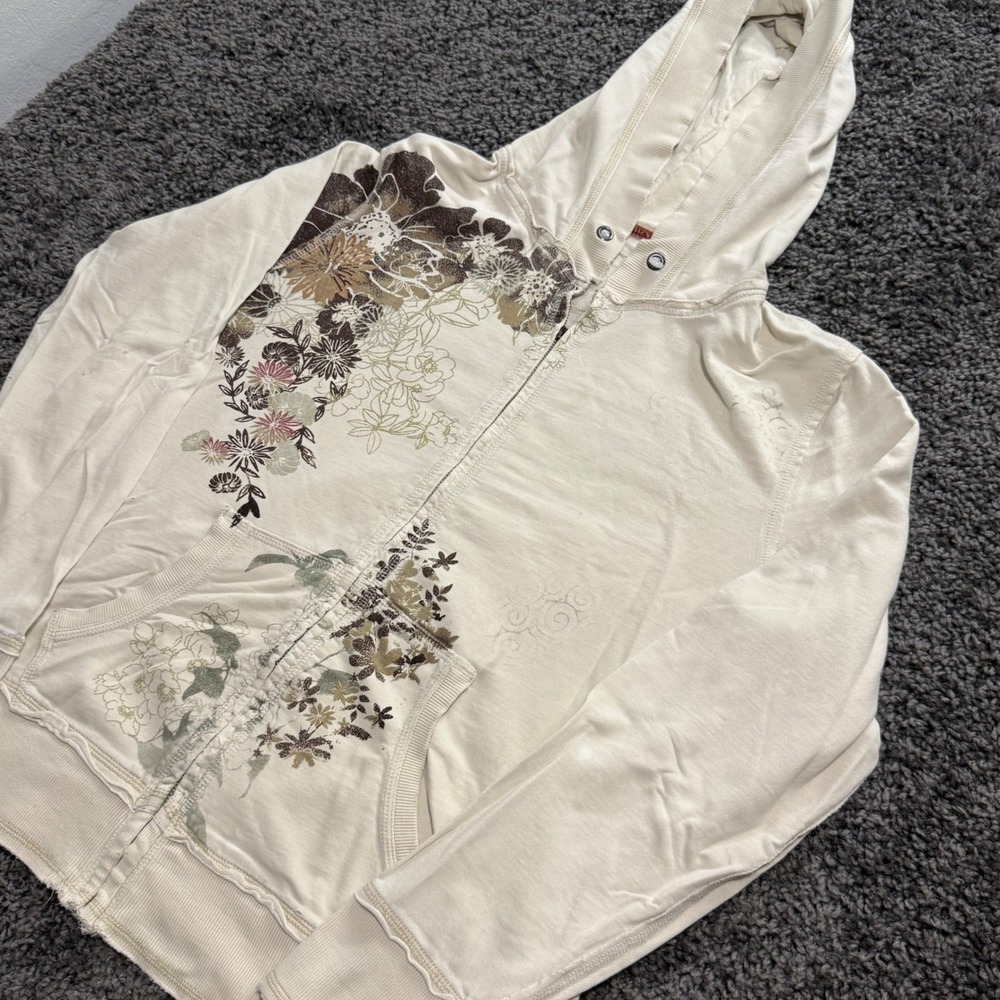 Vintage Postcard Sports Hoodie Womens Cream Excellent Floral Zip Up Size Medium